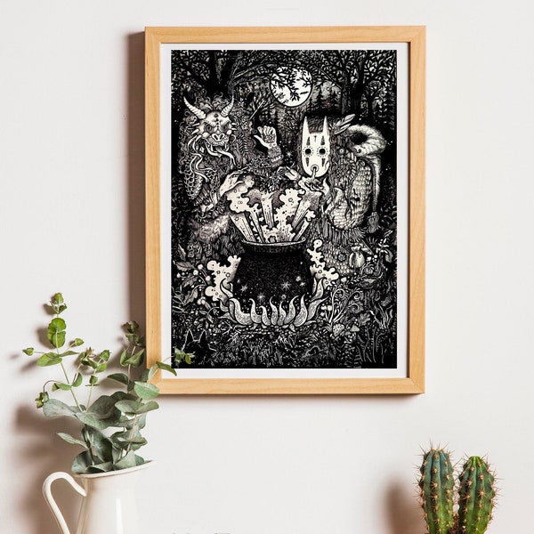 Forest Spells Mask Spirits Fine Art Illustration Print A4