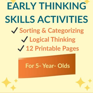 Pode incluir: Um livro de exercícios imprimível intitulado "EARLY THINKING SKILLS ACTIVITIES" com texto verde-azulado e detalhes de estrelas amarelas. O livro de exercícios inclui atividades de classificação, categorização e raciocínio lógico, com 12 páginas imprimíveis para crianças de 5 anos. "Download instantâneo".