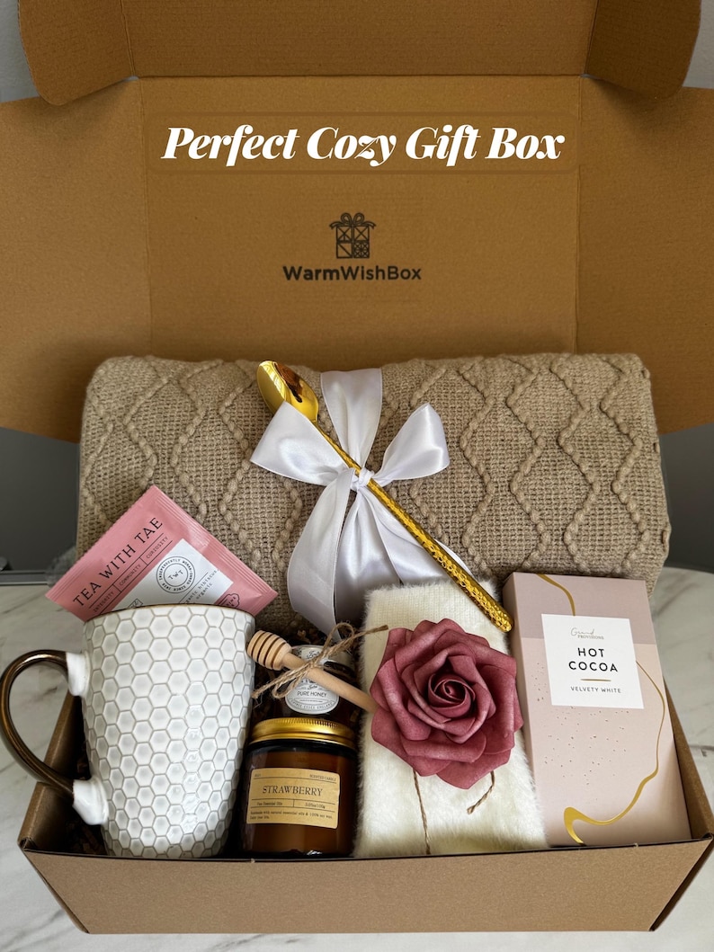 Cozy Gift Box for Her, Birthday Self Care Basket With Blanket, Mug, Tea
