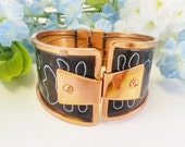 Vintage Copper Cuff Bracelet  Black Aqua Enamel  RARE Matisse Signed 1950s