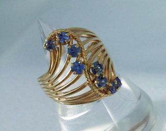 Genuine Blue Sapphire Statement Ring Vintage 14k Yellow Gold Swirl September Birthstone Tracy B Designs Custom Jewelry