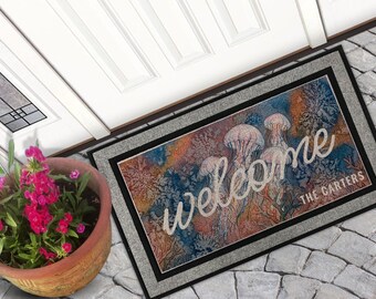 Personalized Coastal Doormat Custom Watercolor Beach House Welcome Mat Ocean Sea Turtle Starfish Family Name Door Mat 18x30 Rug