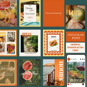 Könnte beinhalten: Eine Collage von Instagram-Posts mit tropischem Thema. Bilder zeigen frisches Obst, eine Restaurantszene und Texte wie "Sunday Market" und "Happy Hour!" Die Farbpalette ist warm, mit Orange, Grün und Gelb.