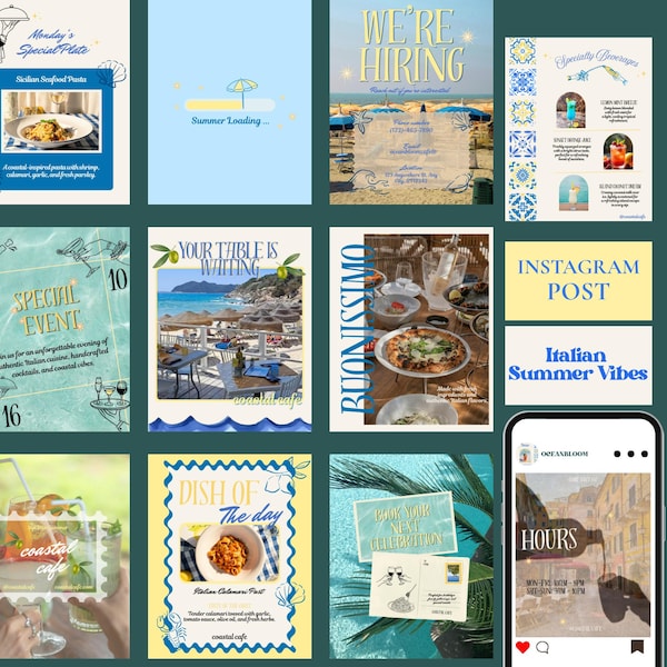 Può includere: Una collezione di dodici modelli digitali per i social media di un caffè costiero, con immagini di spiaggia, fotografie di cibo e sovrapposizioni di testo come "We're Hiring", "Special Event", "Dish of the Day" e "Italian Summer Vibes".