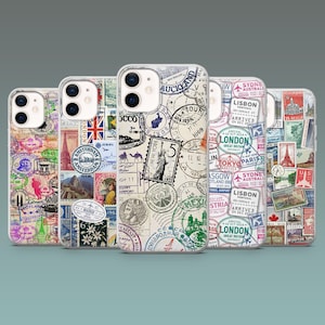 May include: Five phone cases with travel-themed designs. Each case features a collage of vintage stamps, travel destination stamps, and city names like London, Paris, and Tokyo. The cases are in various colours.