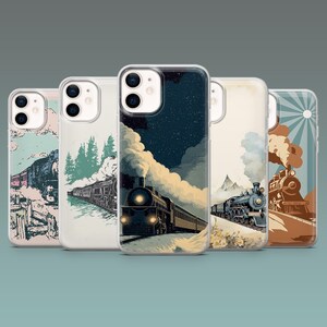 Pode incluir: Cinco capas de telemóvel com ilustrações de comboios vintage. As capas apresentam diferentes cenas de comboios a vapor, com variadas paletas de cores, incluindo azul, castanho e verde. Os designs evocam uma estética retro.