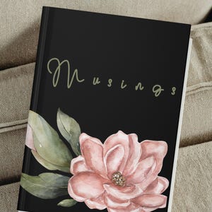 Musings Journal- Magnolia flower | Black Cover Blank Lined Notebook