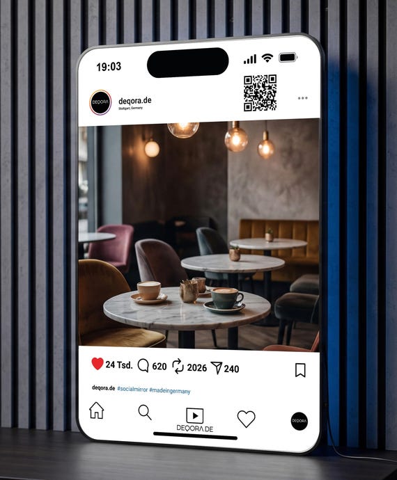 Instagram LED Spiegel mit personalisiertem QR Code – Social Media Mirror für Business & Home Decor – Selfie Mirror | DEQORA Design