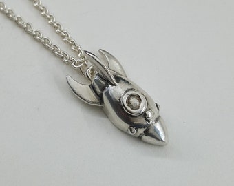 Rocket Ship Necklace in Sterling Silver, Silver Spaceship Necklace, Gift for Science Geek, Silver Rocket Ship Pendant, Space Ship Necklace