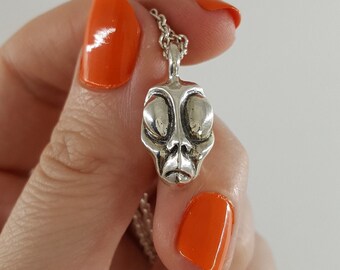 Handmade Alien Necklace in Sterling Silver, Silver Big Eyed Alien Head Pendant, gift for sci-fi lover