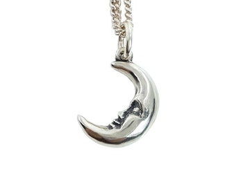 Crescent Moon Necklace in Sterling Silver, Tiny Moon Pendant, Man in the Moon Necklace, Moon Face necklace, Celestial Jewelry, Silver moon