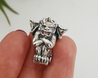 Gargoyle Necklace in Sterling Silver, handmade silver gargoyle statue charm