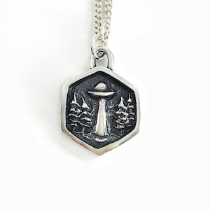 UFO Necklace in Sterling Silver, Silver Alien Abduction Necklace, Flying saucer charm necklace, alien spaceship pendant, ufo pendant