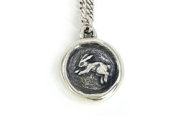 Bunny Necklace in Sterling Silver, Silver Rabbit Charm Necklace, Tiny Bunny Pendant, Woodland Animals Jewelry, wax seal necklace, hare charm