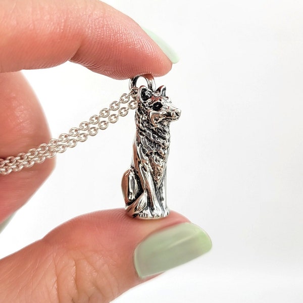 Sitting Wolf Necklace in Sterling Silver, handmade wolf totem pendant, heavy silver wolf charm