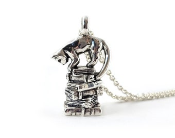 Cat on a Book Pile in sterling silver, Bookstack with cat necklace, pile of books pendant, book lover jewelry