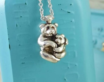 Handmade Mama Bear Necklace in Sterling Silver, Mom and Baby Bear necklace, gift for new mom