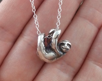 Hanging Sloth Necklace in Sterling Silver, Cute Animal Jewelry, Happy Sloth Necklace, Silver Sloth charm, sloth jewelry, sloth gift