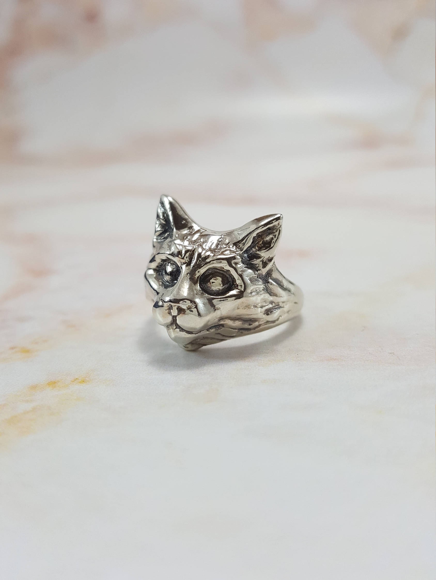 Cat Ring in Sterling Silver Silver Cat Face Ring Cat Biker Etsy