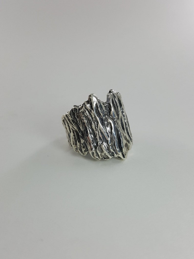 May include: A silver ring with a textured, organic design resembling a mountain range.