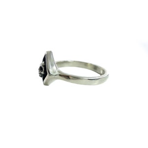 May include: A silver ring with a black skull design on the face of the ring.