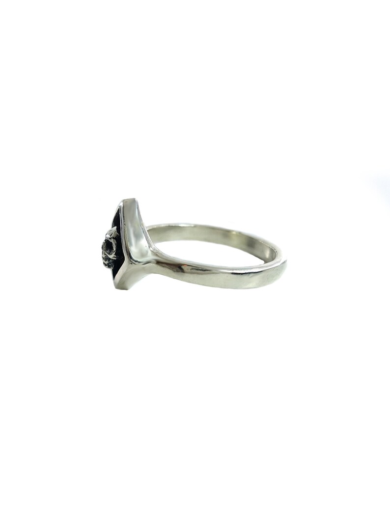 May include: A silver ring with a black skull design on the face of the ring.