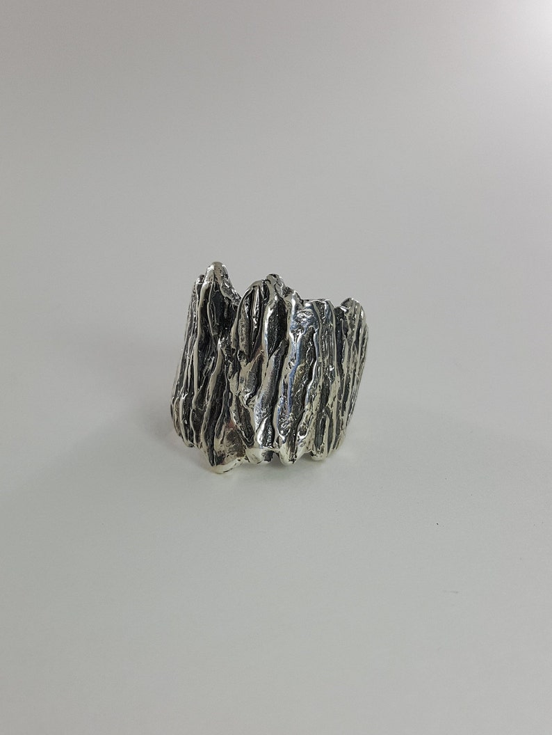 May include: A silver ring with a textured, organic design resembling a mountain range.