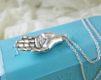 Open Hand Pendant in sterling silver,  handmade hand necklace,  silver hand necklace, open hand silver,  hand layering necklace, gold hand