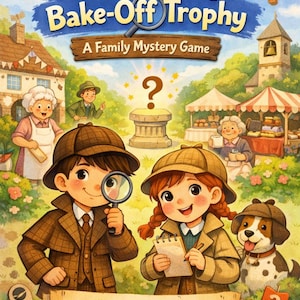 May include: Illustration of a family mystery game box titled "The Case of the Missing Village Bake-Off Trophy." The image features two children dressed as detectives, a dog, and village scenes. Text includes "A Family Mystery Game" and "Can YOU solve the mystery before the judges arrive?"