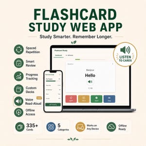 Op de afbeelding: Een Flashcard Study web-app interface weergegeven op een laptop en smartphone. Het scherm toont een dashboard met voortgangsregistratie, gespreide herhaling en een voorleesfunctie. De interface bevat knoppen met de tekst Again, Hard, Good en Easy, en een kaart met de tekst Bonjour Hello.