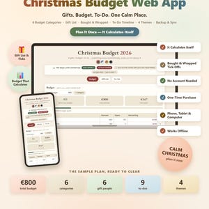 Christmas Budget Planner 2026 Web App | Gift List Tracker, Holiday Spending Dashboard | Auto Calculating, Offline, No Subscription