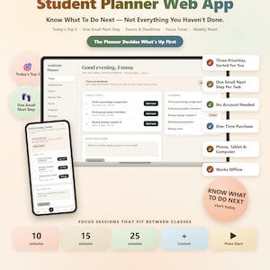 Student Planner Web App | HTML Browser App, Assignment Tracker, Exam Countdown, Focus Timer | Offline, No Subscription, Any Device