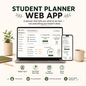 Op de afbeelding: Een laptop en smartphone tonen de interface van de FocusPlan studentenplanner web-app. Het scherm toont een dashboard met Today's Top 3, One Small Next Step, Exam Countdown en een Focus Timer. Tekst bevat Student Planner Web App.