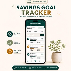 Op de afbeelding: Een digitale spaardoel-tracker op een smartphonescherm, met secties voor het totaalbedrag, voortgang van doelen en specifieke categorieën zoals Dream Vacation, New Home en Education Fund, inclusief tekstlabels en iconen voor financiële planning.