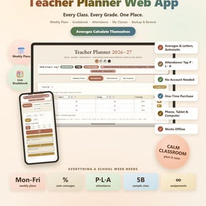 Teacher Planner Web App 2026-2027 | Browser Gradebook, Auto Grade Calculation, Attendance Tracker | Offline, No Subscription, Any Device