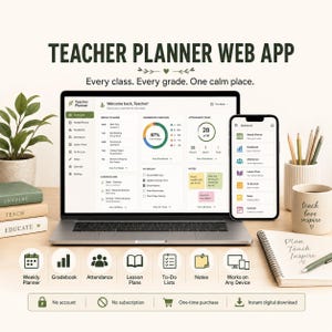 Op de afbeelding: Een webapplicatie voor lerarenplanning weergegeven op een laptop- en smartphonescherm. De interface toont een dashboard met weekplanning, cijferlijst, aanwezigheid, lesplannen en takenlijsten. De tekst luidt Teacher Planner Web App.