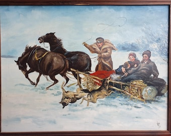 Vintage 1960s Winter Sleigh Oil Painting Signed Original, European Folk Art, Horse Sled Scene, Rustic Wall Decor, One of a Kind Framed Art