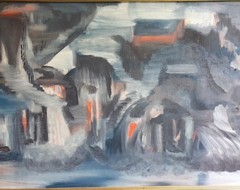 Mid Century German Abstract Oil Painting (c. 1960) – Architectural Composition – Large Framed Vintage Wall Art – One of a Kind