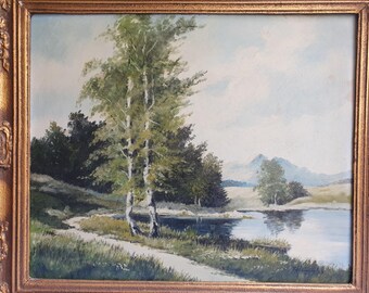 Vintage origineel olieverfschilderij aan boord, gesigneerd T. Hansen | Groot ingelijst Europees landschap met berglandschap meer | Scandinavisch uit het midden van de eeuw