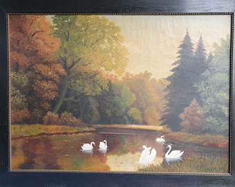 Grande peinture à l'huile sur toile vintage - Élégant paysage de lac des cygnes - Oeuvre d'art signée et peinte à la main - Art mural de style européen encadré - Romantique