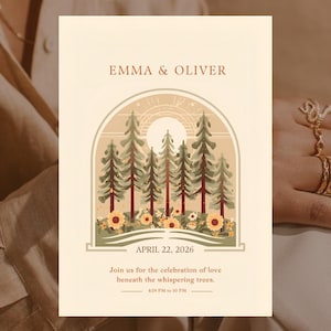 May include: A cream-colored invitation with the names "EMMA & OLIVER" at the top. The design features a forest scene with trees, flowers, and a sun. The date "APRIL 22, 2026" is displayed, along with event details.