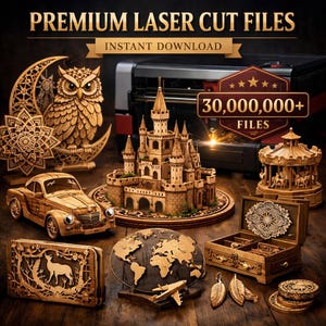 Puede incluir: Una colección de artesanías de madera cortadas con láser, que incluyen un búho, un castillo, un coche y un carrusel. La imagen presenta el texto "PREMIUM LASER CUT FILES" y "30,000,000+ FILES". Las artesanías se exhiben sobre una superficie de madera oscura.