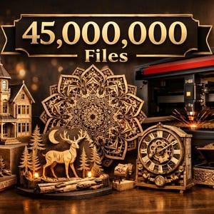May include: A display of intricately carved wooden items, including a house, a mandala, a clock, a deer scene, and a decorative box. The sign above reads "45,000,000 Files". A laser cutter is in the background.