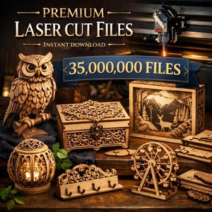 May include: An assortment of laser-cut wooden crafts, including an owl figurine, decorative boxes, a Ferris wheel, and a coat rack. The image features the text "PREMIUM LASER CUT FILES" and "35,000,000 FILES". The crafts are intricately designed and displayed on a wooden surface.