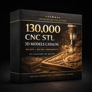 Może przedstawiać: Czarne pudełko ze złotym tekstem, który głosi "PREMIUM CNC COLLECTION" i "130,000 CNC STL 3D MODELS CATALOG". Pudełko zawiera również "RELIEFS • DECOR • ORNAMENTS" i "STL FILES FOR CNC ROUTER". Na dole napis "NATYCHMIASTOWE POBIERANIE - LICENCJA KOMERCYJNA".