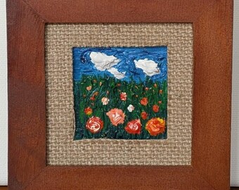 Miniature Impasto Rose Field Painting – Original Framed Acrylic Art – Orange Floral Landscape