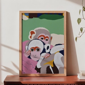 Lámina artística de monos traviesos acurrucados: vibrante ilustración animal (descarga digital)