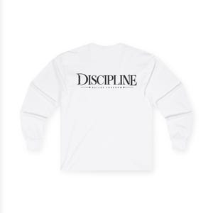 May include: A white long-sleeve shirt featuring black text centred on the back. The text reads DISCIPLINE in a large serif font, with the words BUILDS FREEDOM in a smaller font underneath, flanked by two small four-pointed star symbols.