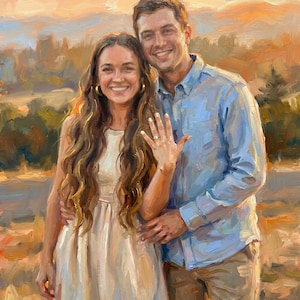 Pode incluir: Uma pintura a óleo retratando duas pessoas em pé juntas ao ar livre. Uma pessoa veste um vestido sem mangas na cor creme e brincos de argola dourados, exibindo um anel no dedo. A outra veste uma camisa azul e calças bege.