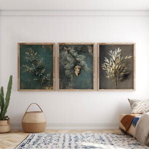 Set di 3 stampe da parete Winter Evergreen / Set di stampe con pigne di ginepro Arte forestale verde scuro Decorazione per corridoio galleria Poster invernale nordico